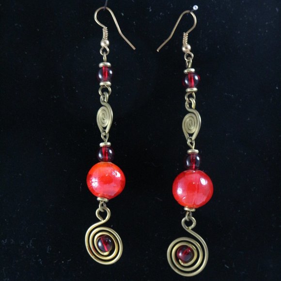 Vintage Jewelry - Handmade East African Brass Red Ceramic Beaded Drop Earrings Pair